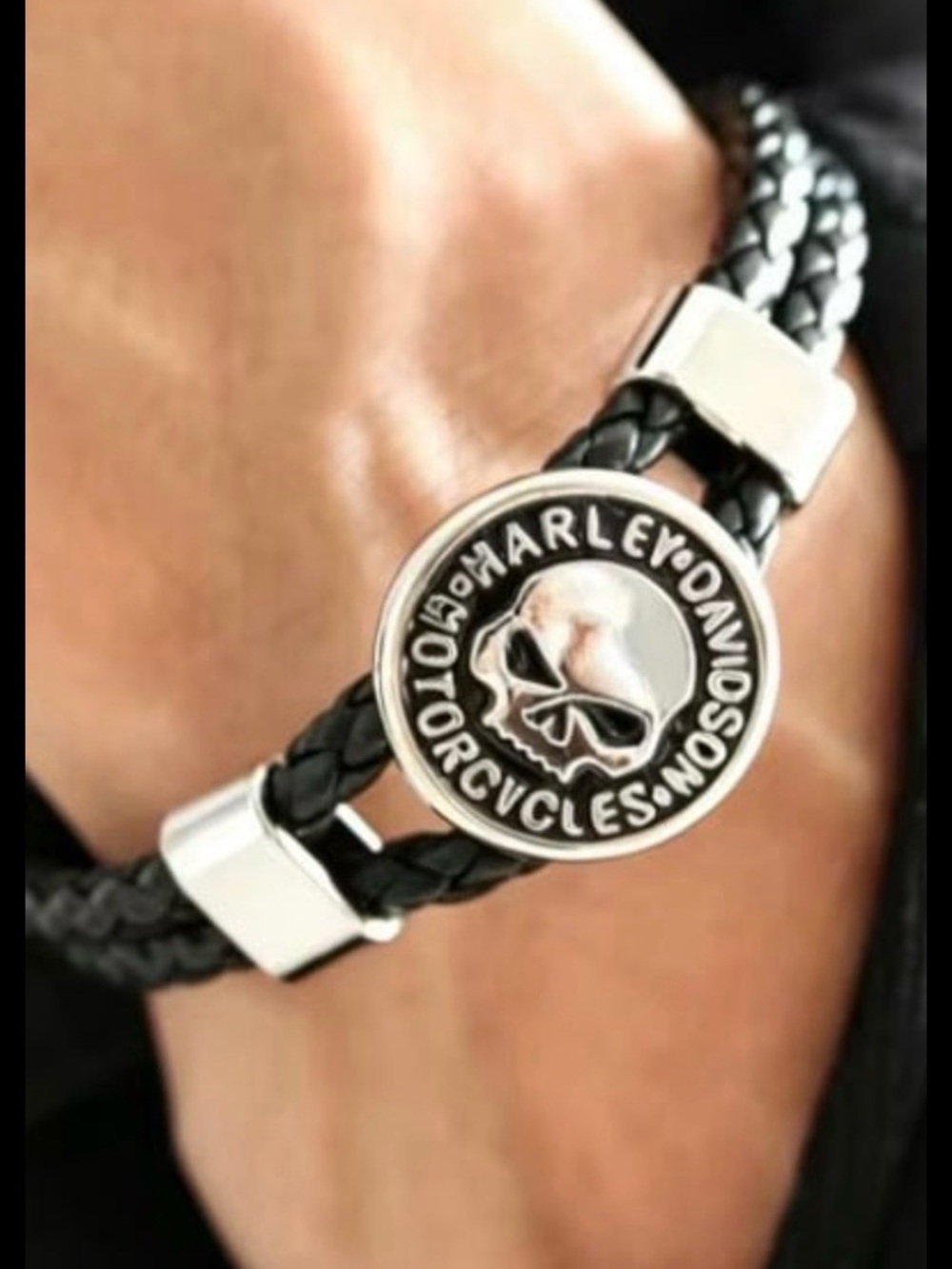 Harley-Davidson Black Braided Leather Bracelet with Silver Skull Medallion